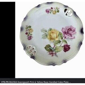 Vintage PK Silesia Koenigszelt Pink Yellow‎ Rose Reticulated Handle Cake Plate